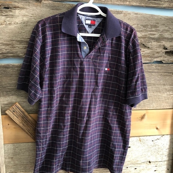 TOMMY Hilfiger Size Med Navy Plaid Polo Shirt - Picture 1 of 4